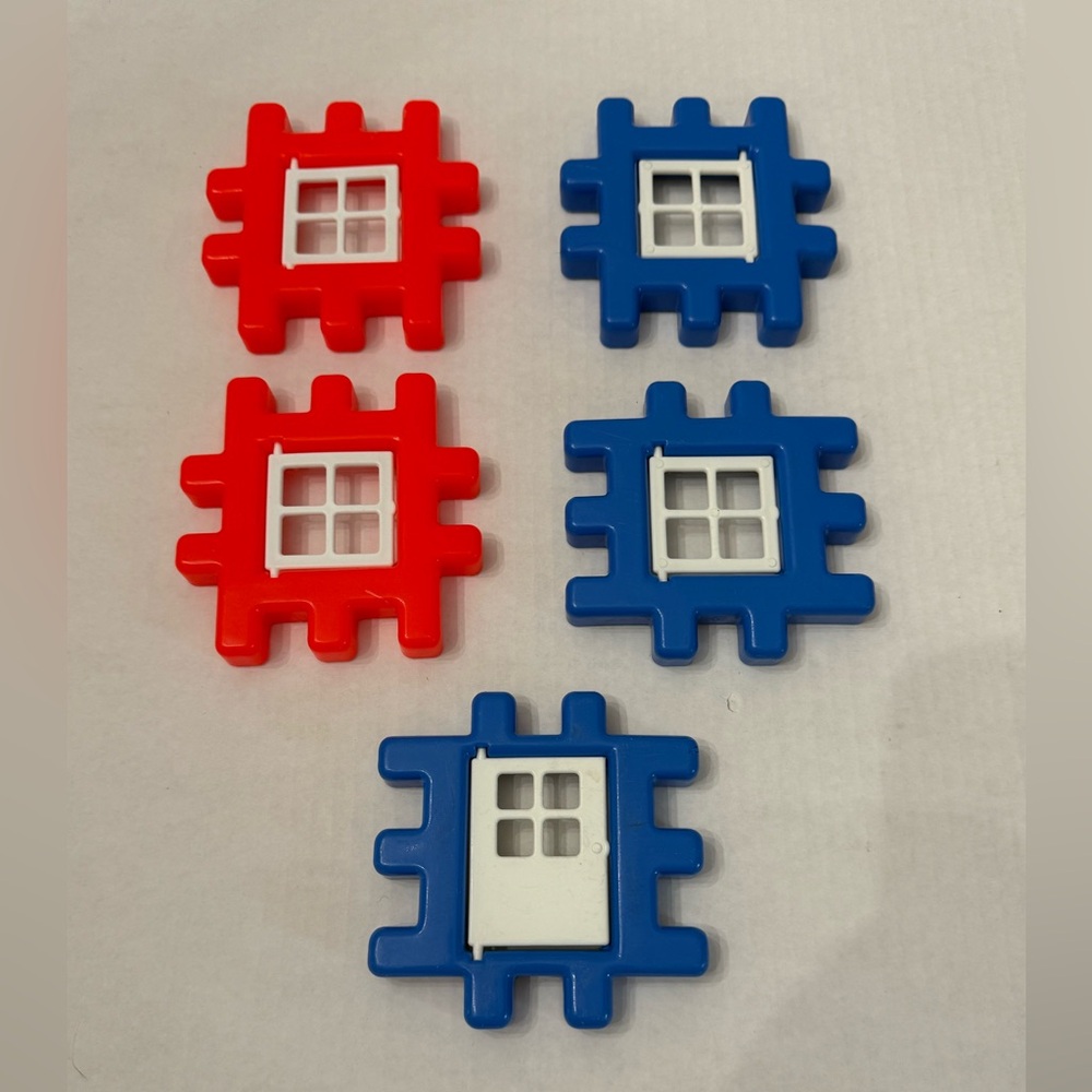 VTG Little Tikes Waffle Blocks 5 Piece Lot 4 Windows 1 Door‎ Red & Blue 4 Inches